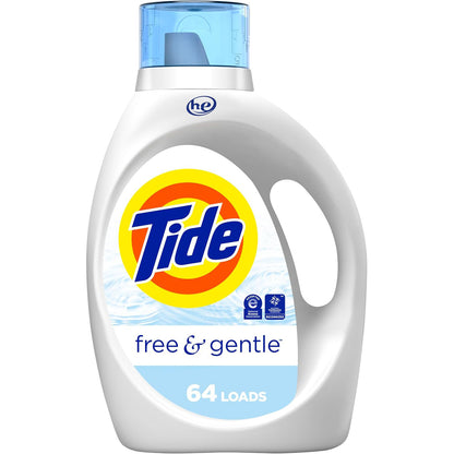 Tide Free & Gentle Laundry Detergent Liquid, HE Compatible, 100 Loads, 132 fl oz Hypoallergenic Laundry Detergent for Sensitive Skin