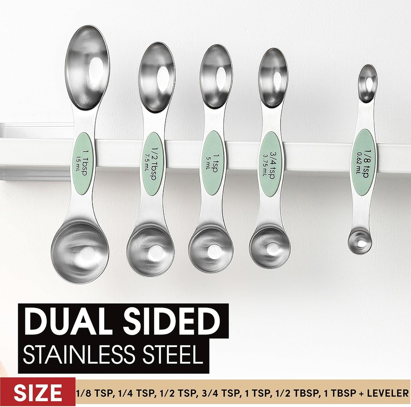 Spring Chef Magnetic Measuring Spoons Set with Strong N45 Magnets, Heavy Duty Stainless Steel Metal, Fits in Most Kitchen Spice Jars for Baking & Cooking, BPA Free, Black, Set of 8 with Leveler