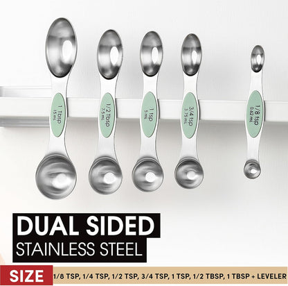 Spring Chef Magnetic Measuring Spoons Set with Strong N45 Magnets, Heavy Duty Stainless Steel Metal, Fits in Most Kitchen Spice Jars for Baking & Cooking, BPA Free, Black, Set of 8 with Leveler