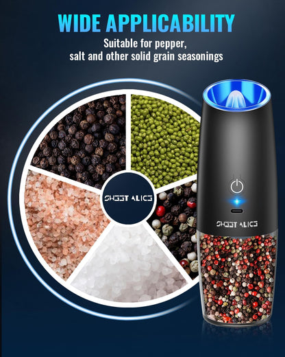 Sweet Alice Gravity Electric Pepper and Salt Grinder Set, Adjustable Coarseness, Battery Powered with LED Light, One Hand Automatic Operation, Stainless Steel Black, 2 Pack