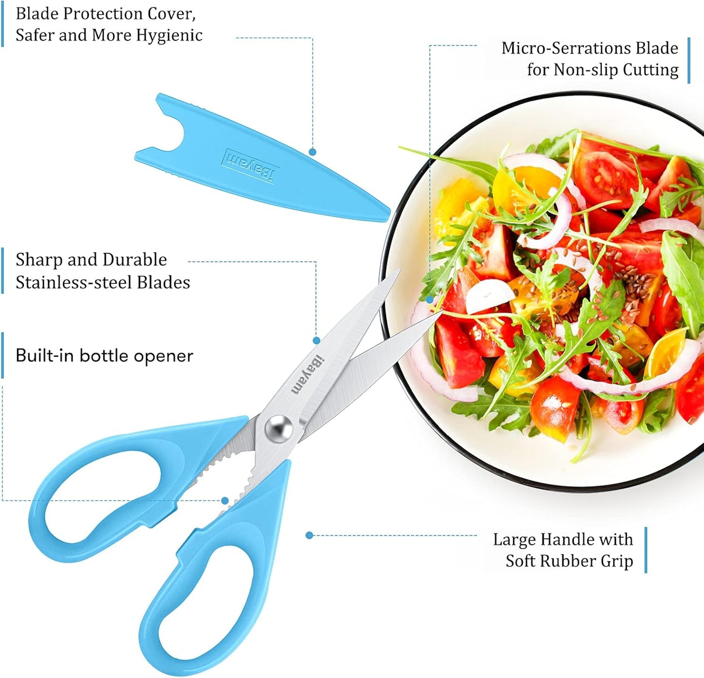 iBayam Kitchen Scissors All Purpose Heavy Duty Meat Poultry Shears, Dishwasher Safe Food Cooking Scissors Stainless Steel Utility Scissors, 2-Pack (Black Red, Black Gray)