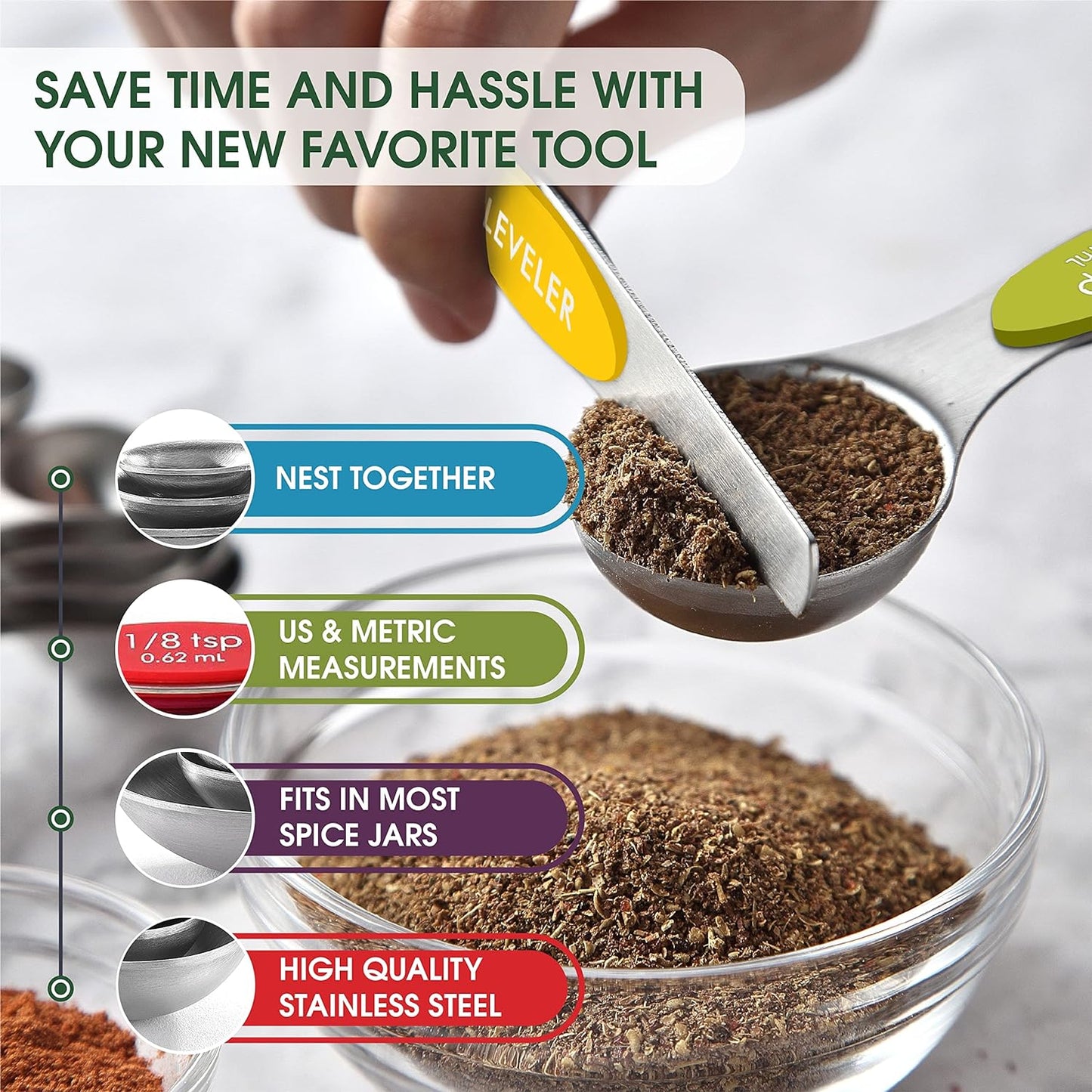 Spring Chef Magnetic Measuring Spoons Set with Strong N45 Magnets, Heavy Duty Stainless Steel Metal, Fits in Most Kitchen Spice Jars for Baking & Cooking, BPA Free, Black, Set of 8 with Leveler