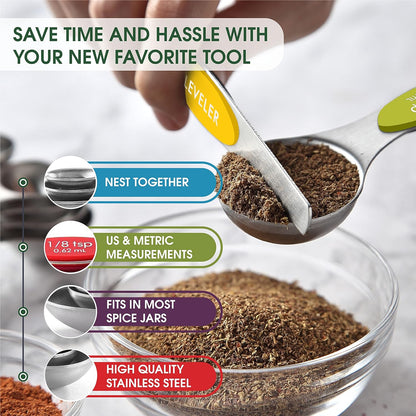 Spring Chef Magnetic Measuring Spoons Set with Strong N45 Magnets, Heavy Duty Stainless Steel Metal, Fits in Most Kitchen Spice Jars for Baking & Cooking, BPA Free, Black, Set of 8 with Leveler