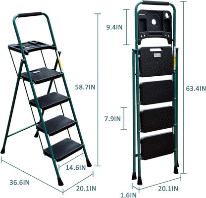 3 Step Ladder, Folding Step Stool with Wide Anti-Slip Pedal, 500lbs Sturdy Steel Ladder, Convenient Handgrip, Lightweight, Portable Steel Step Stool, Black