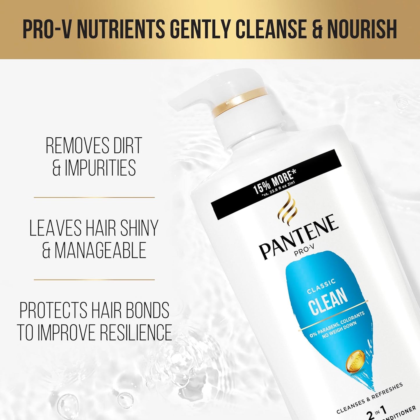 Pantene Classic Clean 2-in-1 Shampoo and Conditioner Set with Hair Treatment, Pro-V Nutrients for Dry, Color-Treated Hair, Long-Lasting Nourishment & Hydration Antioxidant-Rich,27.7 Fl Oz Each, 2 Pack