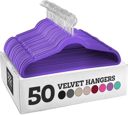 Zober Velvet Hangers 50 Pack - Heavy Duty Black Hangers for Coats, Pants & Dress Clothes - Non Slip Clothes Hanger Set - Space Saving Felt Hangers for Clothing