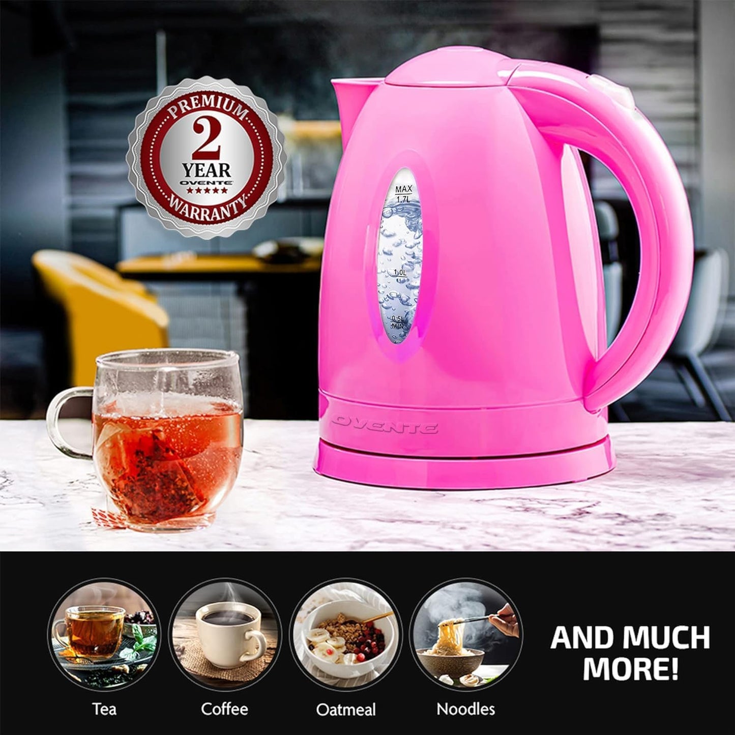 OVENTE Electric Kettle, Hot Water, Heater 1.7 Liter - BPA Free Fast Boiling Cordless Water Warmer - Auto Shut Off Instant Water Boiler for Coffee & Tea Pot - White KP72W