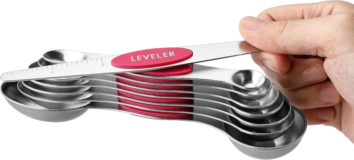 Spring Chef Magnetic Measuring Spoons Set with Strong N45 Magnets, Heavy Duty Stainless Steel Metal, Fits in Most Kitchen Spice Jars for Baking & Cooking, BPA Free, Black, Set of 8 with Leveler