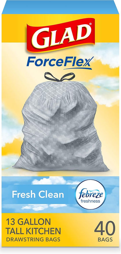 Glad Tall Kitchen Drawstring Trash Bags - Odorshield 13 Gallon White Trash Bag, Febreze Fresh Clean, 110 Count