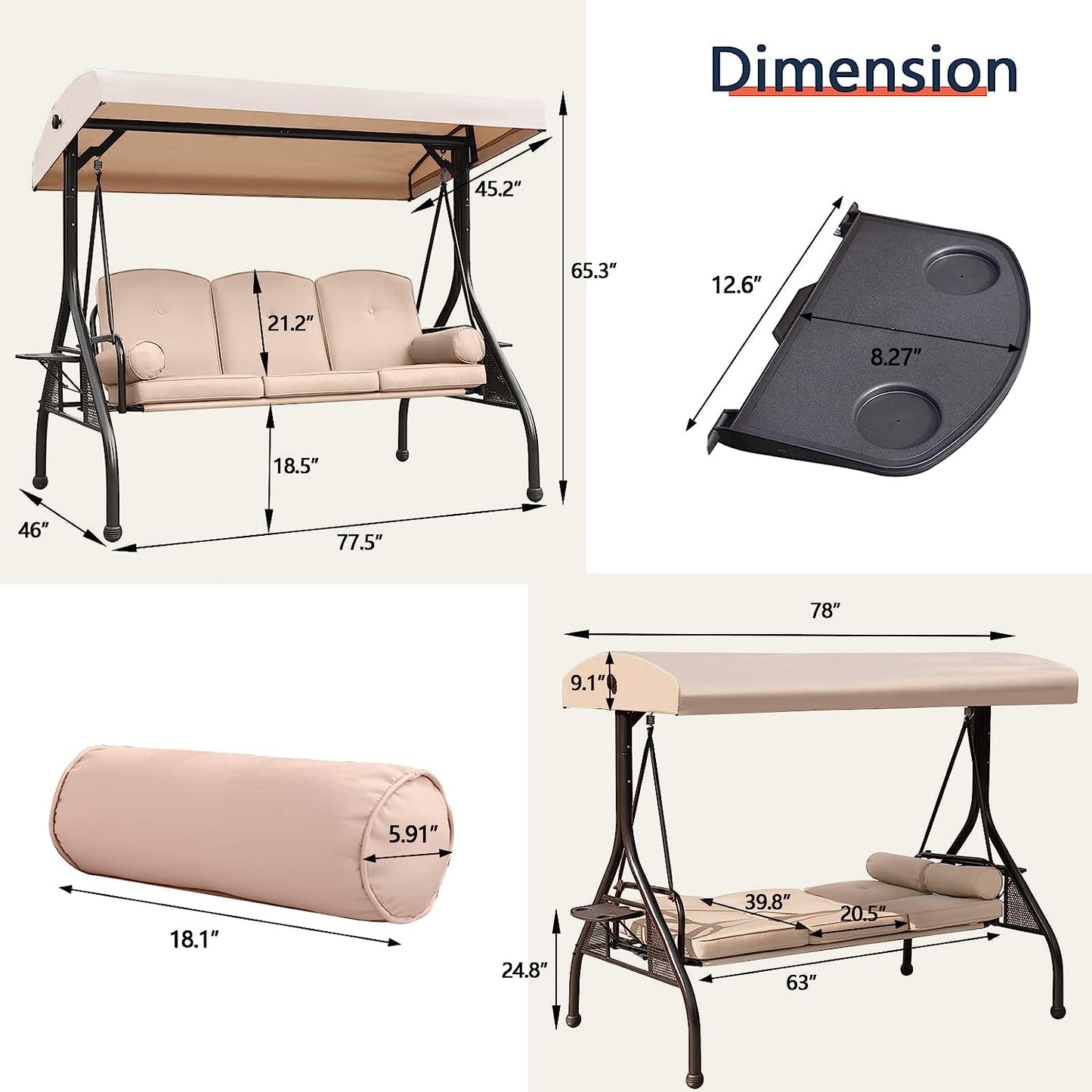NOBLEMOOD Patio Porch Swing, 3-Seat Outdoor Swing with Adjustable Canopy, Thickened Cushion, Pillow and Foldable Side Tray for Patio, Backyard, Porch Swing Bed for Spring(Khaki)