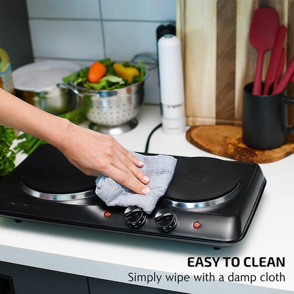 OVENTE Electric Countertop Double Burner, 1700W Cooktop with 7.25" and 6.10" Cast Iron Hot Plates, Temperature Control, Portable Cooking Stove and Easy to Clean Stainless Steel Base, Black BGS102B