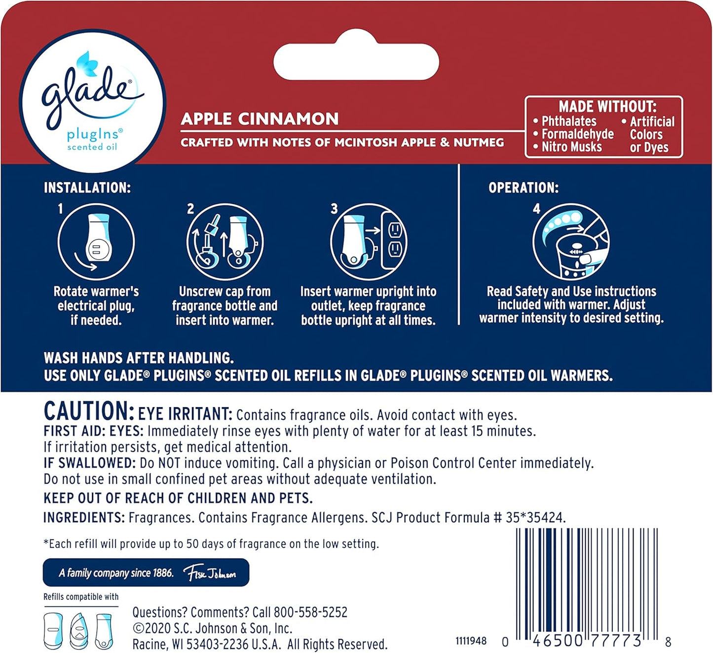 Glade PlugIns Refills Air Freshener, Scented and Essential Oils for Home and Bathroom, Apple Cinnamon, 3.35 Fl Oz, 5 Count