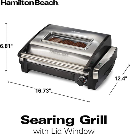 Hamilton Beach Electric Indoor Searing Grill with Viewing Window & Adjustable Temperature Control to 450F, 118 sq. in. Surface Serves 6, Removable Nonstick Grate, Stainless Steel
