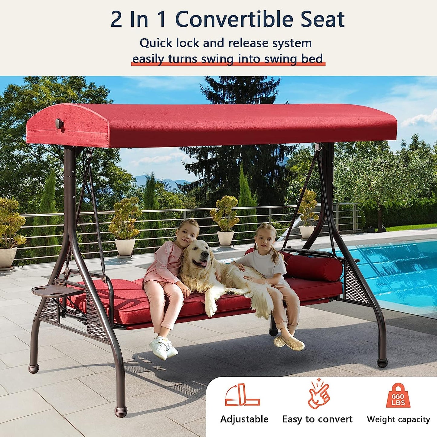 NOBLEMOOD Patio Porch Swing, 3-Seat Outdoor Swing with Adjustable Canopy, Thickened Cushion, Pillow and Foldable Side Tray for Patio, Backyard, Porch Swing Bed for Spring(Khaki)