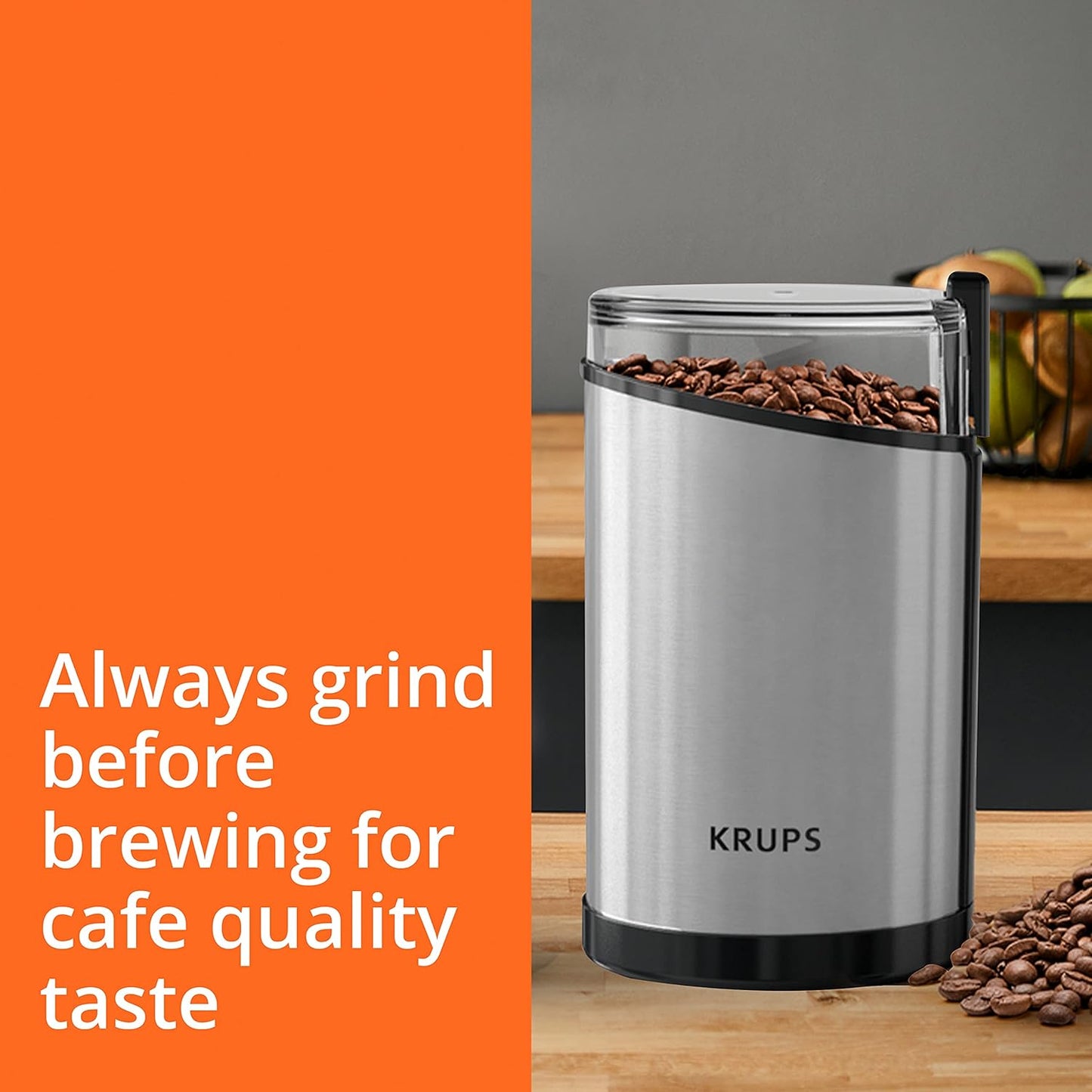 Krups One-Touch Coffee and Spice Grinder 3 Ounce Bean Hopper Easy to Use, One Touch Operation 200 Watts Coffee, Spices, Dry Herbs, Nuts, 12 Cup Black