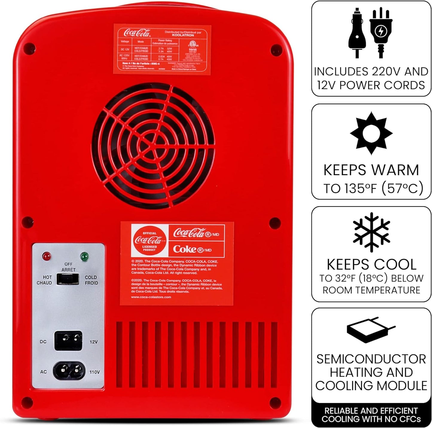 Coca-Cola Classic Coke Bottle 4L Mini Fridge w/ 12V DC and 110V AC Cords, 6 Can Portable Cooler, Personal Travel Refrigerator for Snacks Lunch Drinks Cosmetics, Desk Home Office Dorm, Red