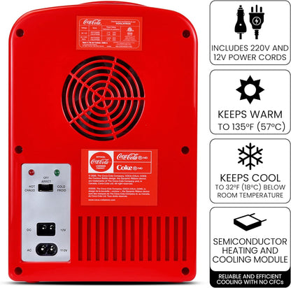 Coca-Cola Classic Coke Bottle 4L Mini Fridge w/ 12V DC and 110V AC Cords, 6 Can Portable Cooler, Personal Travel Refrigerator for Snacks Lunch Drinks Cosmetics, Desk Home Office Dorm, Red