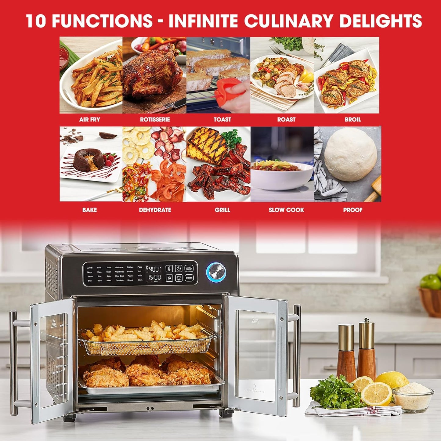 Emeril Lagasse Extra Large French Door Air Fryer Toaster Oven Combo, 25 Cooking Functions and Digital Controls, 7 Accessories Included, Stainless Steel Finish, 26QT Capacity