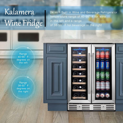 Kalamera 24 inch Wine Cooler, 46 Bottle - Dual Zone Built-in or Freestanding Fridge with Stainless Steel Reversible Glass Door, for Home, Kitchen, or Office.
