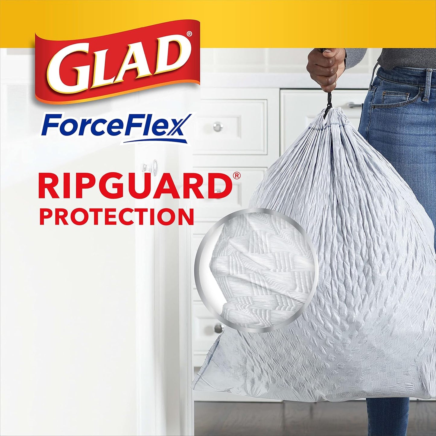 Glad Trash Bags, ForceFlex Tall Kitchen Drawstring Garbage Bags 13 Gallon White Trash Bag, Gain Moonlight Breeze scent with Febreze Freshness 100 Count (Package May Vary)