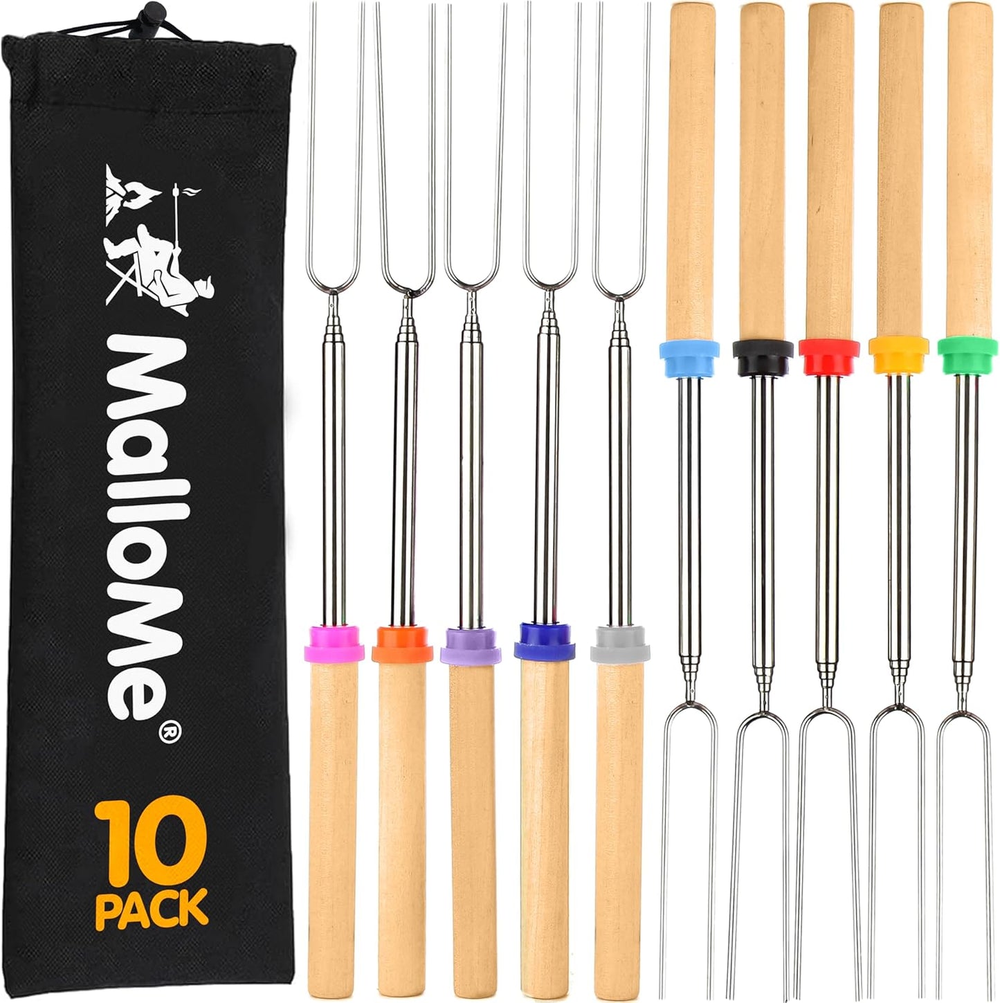 MalloMe Smores Sticks for Fire Pit Long - Marshmallow Roasting Sticks Smores Kit - Smore Skewers Hot Dog Fork Campfire Cooking Equipment, Camping Essentials S'mores Gear Outdoor Accessories 32" 5 Pack