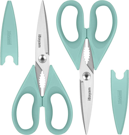iBayam Kitchen Scissors All Purpose Heavy Duty Meat Poultry Shears, Dishwasher Safe Food Cooking Scissors Stainless Steel Utility Scissors, 2-Pack (Black Red, Black Gray)