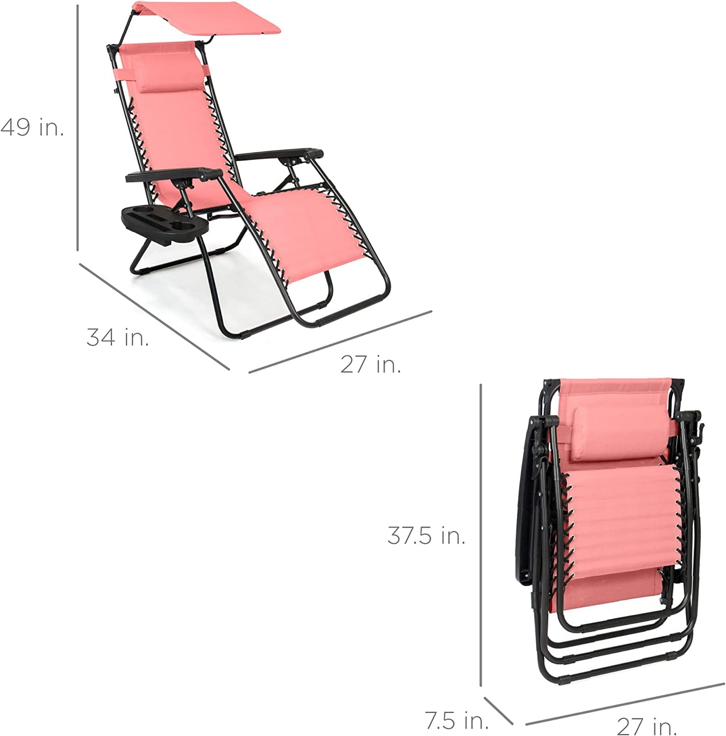Folding Zero Gravity Outdoor Recliner Patio Lounge Chair w/Adjustable Canopy Shade, Headrest, Side Accessory Tray, Textilene Mesh - Beige