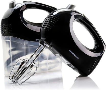 OVENTE Portable 5 Speed Mixing Electric Hand Mixer with Stainless Steel Whisk Beater Attachments & Snap Storage Case, Compact Lightweight 150 Watt Powerful Blender for Baking & Cooking, Black HM151B