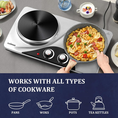 CUSIMAX Electric Hot Plate for Cooking Portable Single Burner 1500W Cast Iron hot plates Heat-up in Seconds Adjustable Temperature Control Stainless Steel Non-Slip Rubber Feet Upgraded Version B101