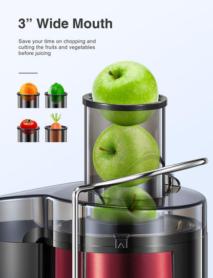 Qcen Juicer Machine, 800W Centrifugal Juicer Extractor with Wide Mouth 3” Feed Chute for Fruit Vegetable, Easy to Clean, Stainless Steel, BPA-free (Black)