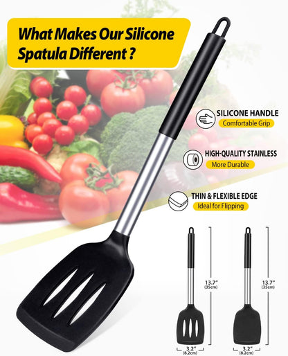 Pack of 2 Silicone Solid Turner,Non Stick Slotted Kitchen Spatulas,High Heat Resistant BPA Free Cooking Utensils,Ideal Cookware for Fish,Eggs,Pancakes (Black)