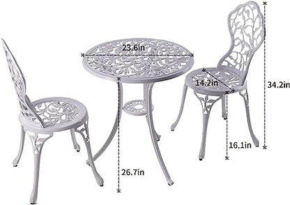 Sets 3 Piece cast Aluminum Patio Furniture Outdoor Garden Metal Rust Proof Tables and Chairs White bisrto Set (Leaf-White)