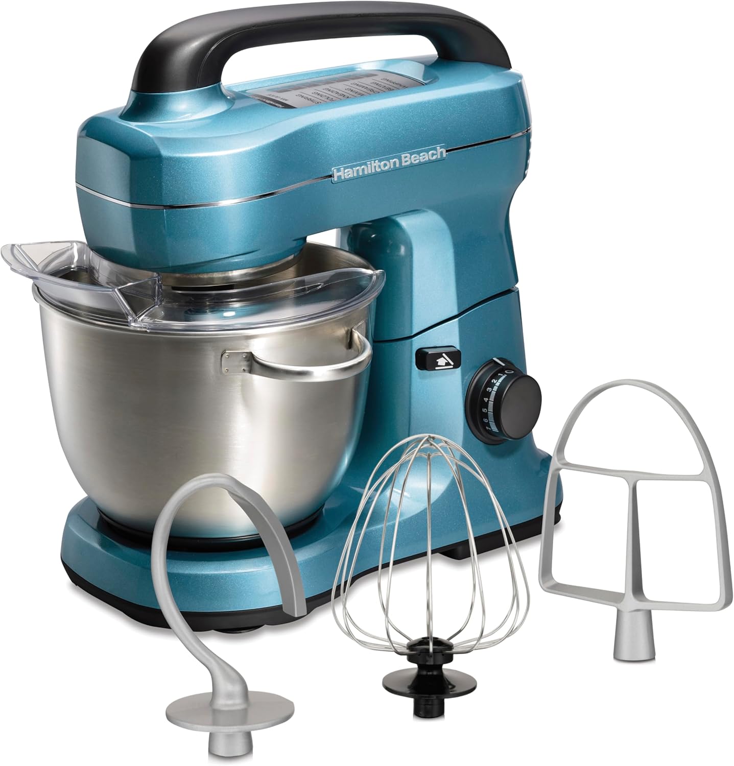 Hamilton Beach Electric Stand Mixer, 4 Quarts, Dough Hook, Flat Beater Attachments, Splash Guard 7 Speeds with Whisk, Black with Top Handle