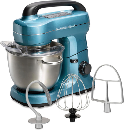 Hamilton Beach Electric Stand Mixer, 4 Quarts, Dough Hook, Flat Beater Attachments, Splash Guard 7 Speeds with Whisk, Black with Top Handle