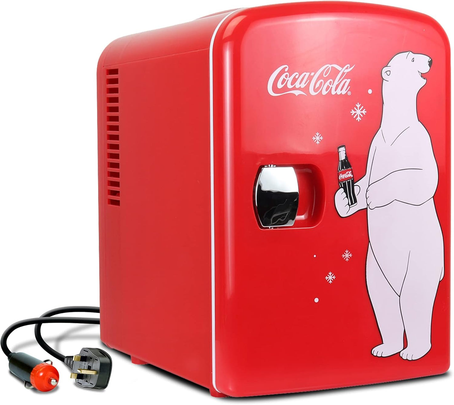 Coca-Cola Classic Coke Bottle 4L Mini Fridge w/ 12V DC and 110V AC Cords, 6 Can Portable Cooler, Personal Travel Refrigerator for Snacks Lunch Drinks Cosmetics, Desk Home Office Dorm, Red