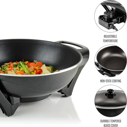 OVENTE 12 Inch Electric Skillet and Frying Pan with Nonstick Coating, 1400W Power, Adjustable Temperature Control, Tempered Glass Lid with Vent and Cool Touch Handles, Black SK11112B