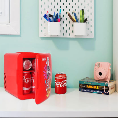 Coca-Cola Classic Coke Bottle 4L Mini Fridge w/ 12V DC and 110V AC Cords, 6 Can Portable Cooler, Personal Travel Refrigerator for Snacks Lunch Drinks Cosmetics, Desk Home Office Dorm, Red