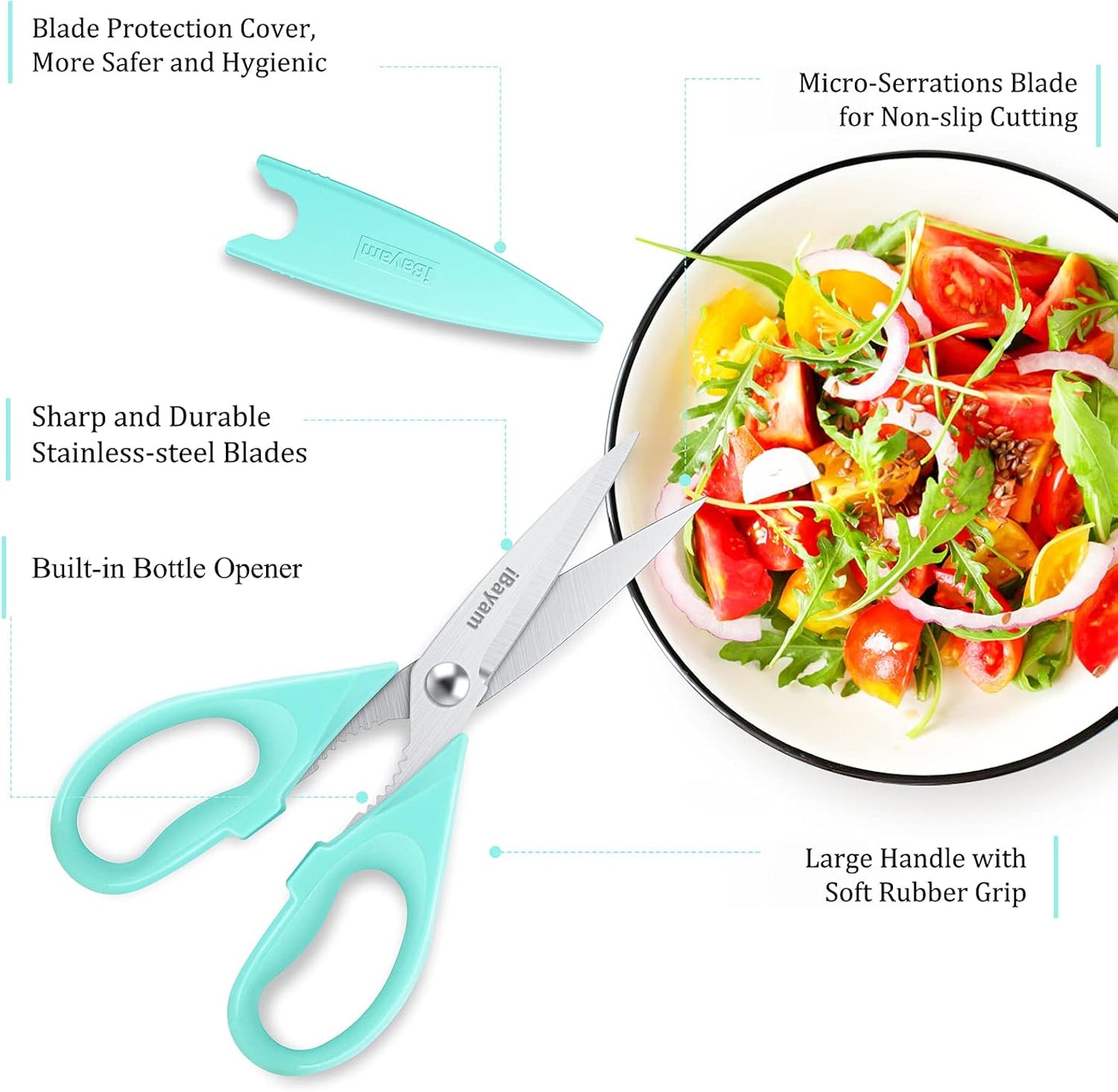 iBayam Kitchen Scissors All Purpose Heavy Duty Meat Poultry Shears, Dishwasher Safe Food Cooking Scissors Stainless Steel Utility Scissors, 2-Pack (Black Red, Black Gray)