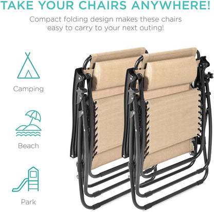Set of 2 Adjustable Steel Mesh Zero Gravity Lounge Chair Recliners w/Pillows and Cup Holder Trays