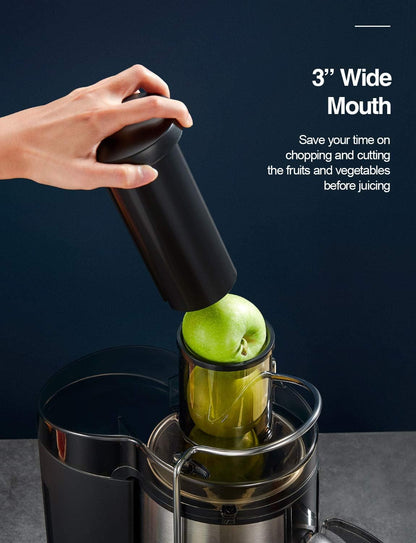 Qcen Juicer Machine, 800W Centrifugal Juicer Extractor with Wide Mouth 3” Feed Chute for Fruit Vegetable, Easy to Clean, Stainless Steel, BPA-free (Black)