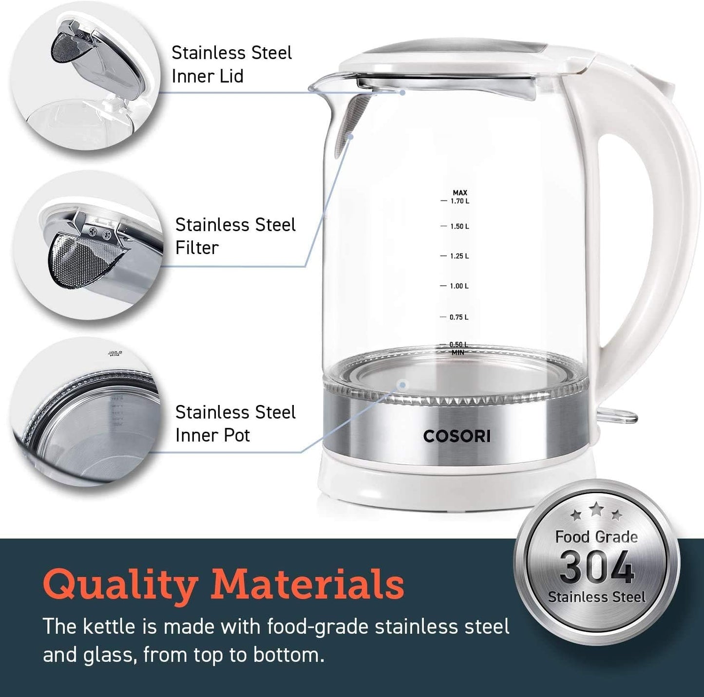 COSORI Electric Kettle, No Plastic Contact with Water, 1.7L/1500W, Stainless Steel Inner Lid & Filter, Tea Kettle For Coffee & Tea, Hot Water Kettle Teapot Boiler & Heater, Automatic Shut Off, Black