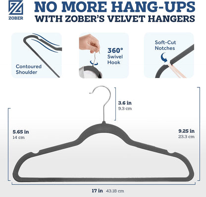 Zober Velvet Hangers 50 Pack - Heavy Duty Black Hangers for Coats, Pants & Dress Clothes - Non Slip Clothes Hanger Set - Space Saving Felt Hangers for Clothing