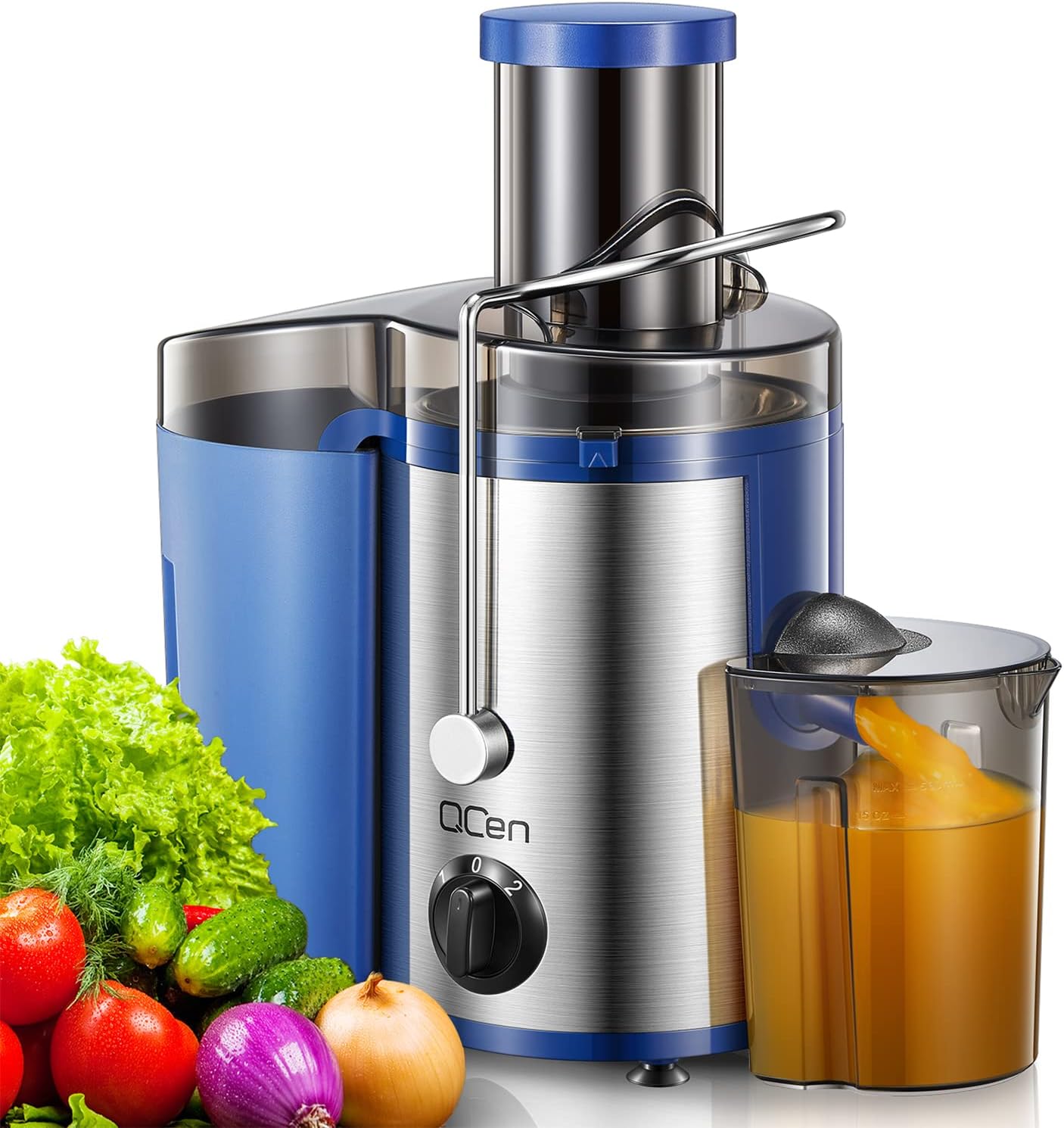 Qcen Juicer Machine, 800W Centrifugal Juicer Extractor with Wide Mouth 3” Feed Chute for Fruit Vegetable, Easy to Clean, Stainless Steel, BPA-free (Black)