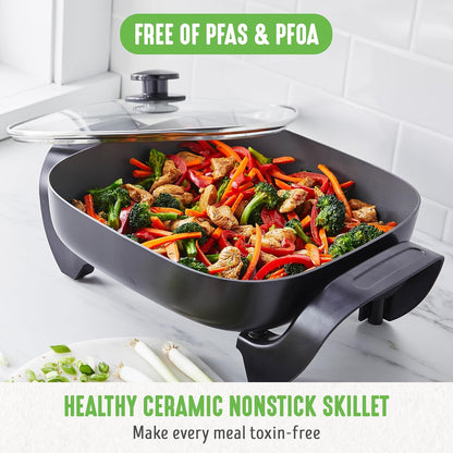 GreenLife 12" 5QT Square Electric Skillet, Glass Vented Lid, Ceramic PFAS-Free Nonstick Interior, Adjustable Temperature Control, Cool Touch Handles, Quick Even Heating, Scratch Resistant, Turquoise