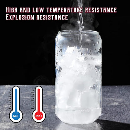 Drinking Glasses with Glass Straw 4pcs Set - 16oz Can Shaped Glass Cups, Beer Glasses, Iced Coffee Glasses, Cute Tumbler Cup, Ideal for Whiskey, Soda, Tea, Water, Gift - 2 Cleaning Brushes