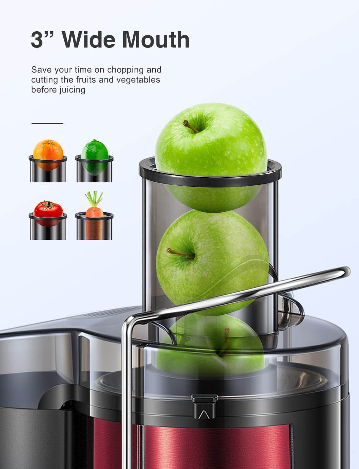 Qcen Juicer Machine, 800W Centrifugal Juicer Extractor with Wide Mouth 3” Feed Chute for Fruit Vegetable, Easy to Clean, Stainless Steel, BPA-free (Black)