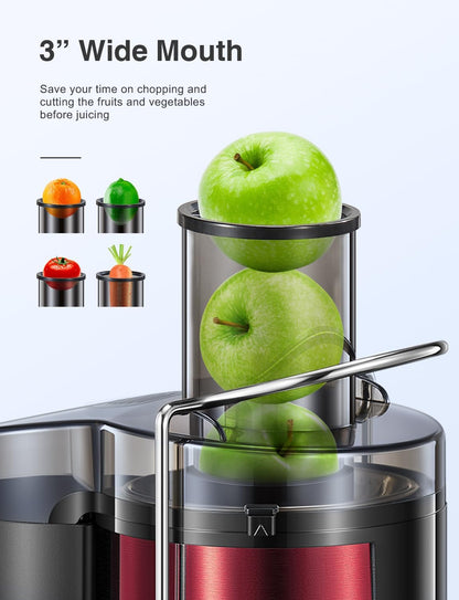 Qcen Juicer Machine, 800W Centrifugal Juicer Extractor with Wide Mouth 3” Feed Chute for Fruit Vegetable, Easy to Clean, Stainless Steel, BPA-free (Black)