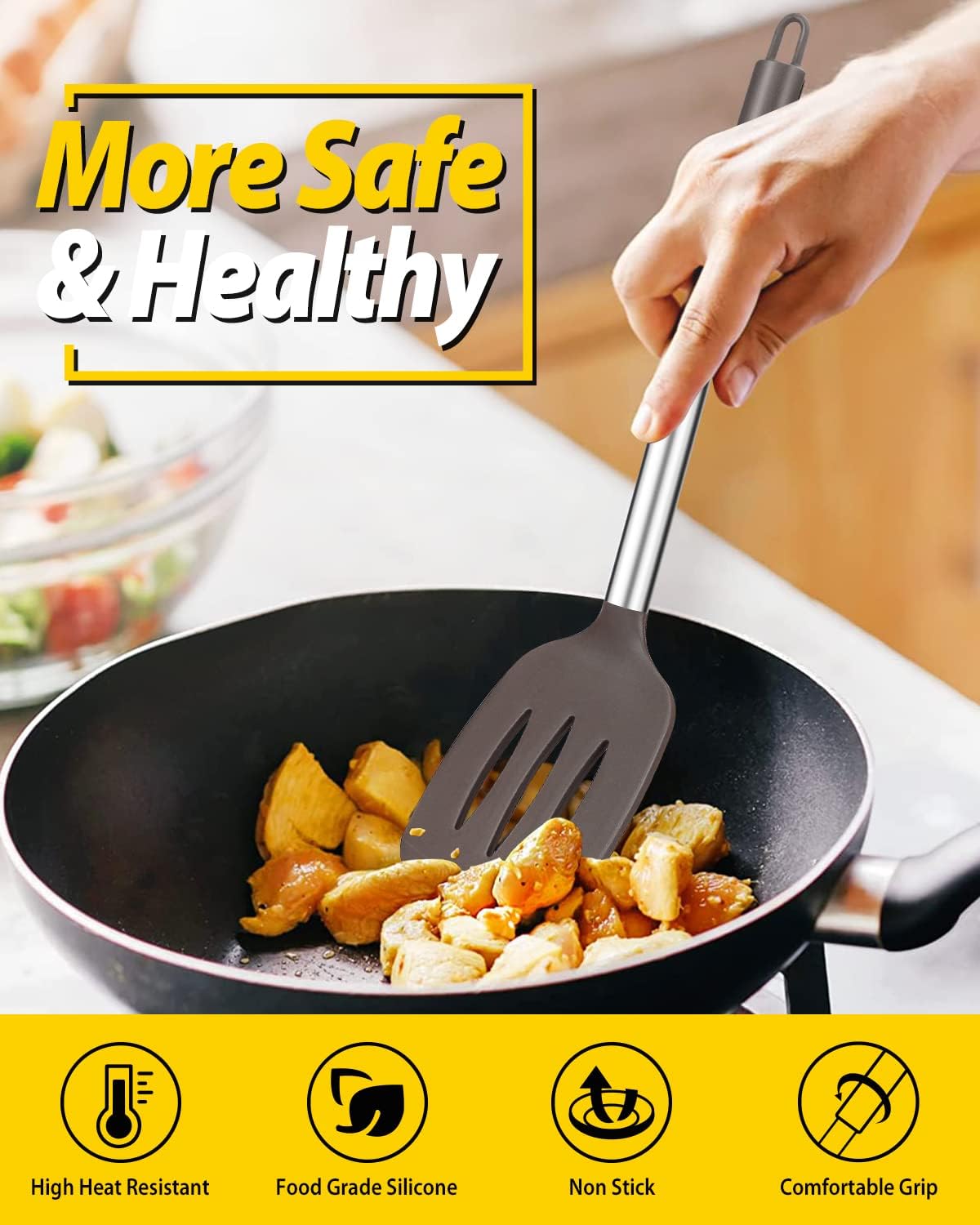 Pack of 2 Silicone Solid Turner,Non Stick Slotted Kitchen Spatulas,High Heat Resistant BPA Free Cooking Utensils,Ideal Cookware for Fish,Eggs,Pancakes (Black)