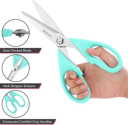iBayam Kitchen Scissors All Purpose Heavy Duty Meat Poultry Shears, Dishwasher Safe Food Cooking Scissors Stainless Steel Utility Scissors, 2-Pack (Black Red, Black Gray)