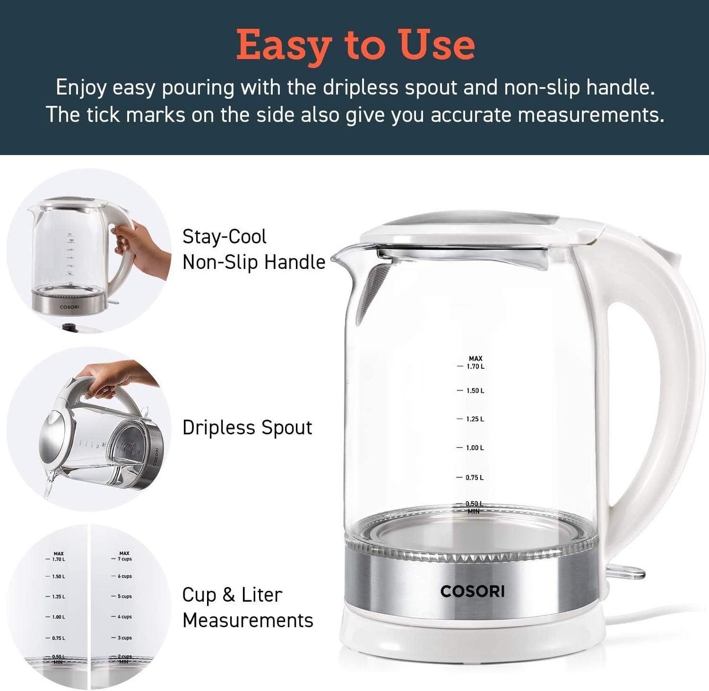 COSORI Electric Kettle, No Plastic Contact with Water, 1.7L/1500W, Stainless Steel Inner Lid & Filter, Tea Kettle For Coffee & Tea, Hot Water Kettle Teapot Boiler & Heater, Automatic Shut Off, Black